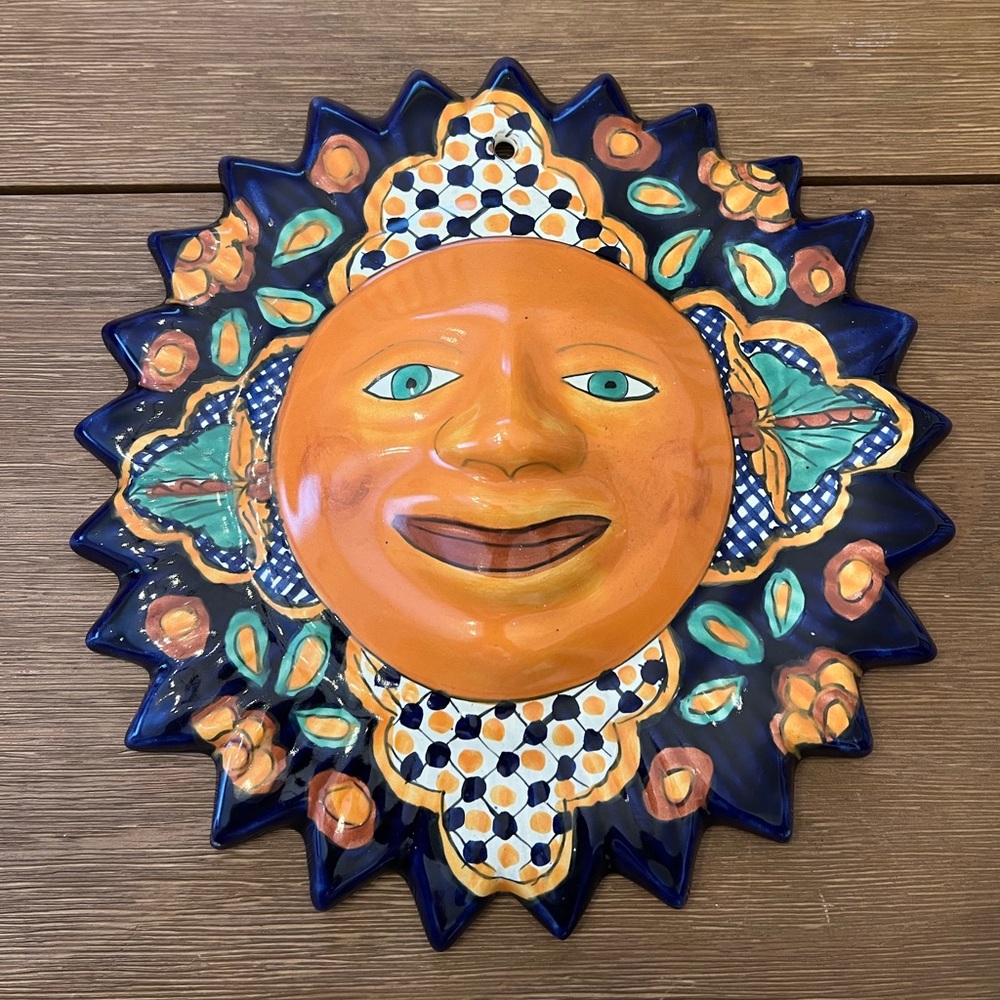 Mexican Talavera Sun Face Wall Decor - 12" Blue Orange Floral